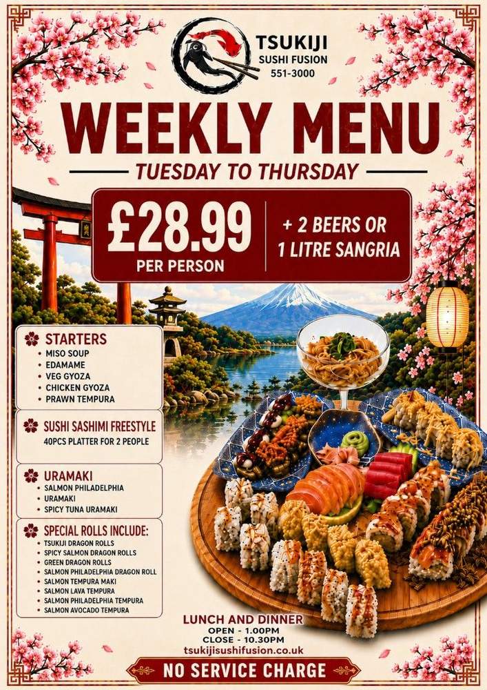 Weekly menu — same food selection as all you can eat. £28.99 per person Tuesday to Thursday, includes 2 beers or 1 litre sangria.